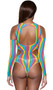 Rainbow striped bodysuit with high neckline, cold shoulder long sleeves, cut out sides, large keyhole back, fine netting pattern down center, and thong cut back. Sleeves are attached.