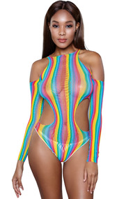 Rainbow striped bodysuit with high neckline, cold shoulder long sleeves, cut out sides, large keyhole back, fine netting pattern down center, and thong cut back. Sleeves are attached.