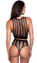 Sleeveless net cami crop top with high neckline, cut outs and wide vertical stripes. Matching booty shorts with high waist and cheeky cut back also included. Two piece set.