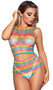 Sleeveless net cami crop top with high neckline, cut outs and wide vertical stripes. Matching booty shorts with high waist and cheeky cut back also included. Two piece set.