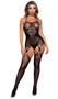 Sleeveless halter neck bodystocking with sheer lace cups and cut out suspender garter straps attached to floral embroidery top thigh high stockings.