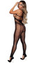 Footless multiple strap sleeveless bodystocking with open cups, V neckline, open crotch, and fishnet bodice and legs with horizontal and vertical stripes.
