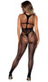 Footless multiple strap sleeveless bodystocking with open cups, V neckline, open crotch, and fishnet bodice and legs with horizontal and vertical stripes.