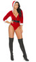 Santa's Tease holiday costume includes velvet romper with attached hood, three quarter sleeves, plunging V neckline, faux fur trim, front zipper closure and cheeky cut back. Detachable elastic belt with rhinestone buckle detail also included. Two piece set.