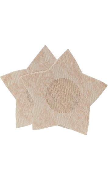Self adhesive seamless star shaped lace nipple covers. Disposable, single use. 3 pair per package. Measure about 3" across widest point.