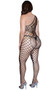 Wide net and floral lace fishnet one shoulder bodystocking with wide shoulder strap and open crotch.