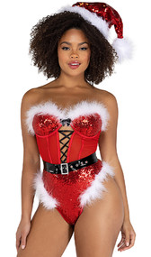 Miss Claus Santa costume includes sleeveless and strapless sequin and mesh romper with lace up front detail, mini bow, faux fur trim and cheeky cut back. Adjustable vinyl belt with faux diamond buckle also included.