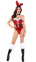 Playboy Holiday costume set includes sleeveless and strapless sequin corset romper featuring underwire cups with feather trim, boning, snap crotch and side zipper closure. Adjustable vinyl belt with Playboy Bunny buckle also included. Collar, bow tie, bunny tail and matching bunny ears headband also included. Six piece set.