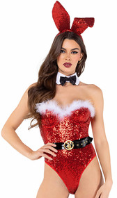 Playboy Holiday costume set includes sleeveless and strapless sequin corset romper with feather trim and zipper closure. Adjustable vinyl belt with Playboy Bunny buckle also included. Collar, bow tie, bunny tail and matching bunny ears headband also included. Six piece set.