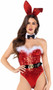 Playboy Holiday costume set includes sleeveless and strapless sequin corset romper featuring underwire cups with feather trim, boning, snap crotch and side zipper closure. Adjustable vinyl belt with Playboy Bunny buckle also included. Collar, bow tie, bunny tail and matching bunny ears headband also included. Six piece set.