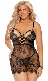Sheer eyelash lace babydoll with strappy cups, criss cross lace up front with o ring detail, adjustable shoulder straps, cut out back, and hook and eye back closure. Matching G-string included. Two piece set.