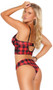 Buffalo plaid print cami top with monowire, lace trim, keyhole front, adjustable shoulder straps and hook and eye back closure. Matching booty shorts with cheeky back also included. Two piece set.