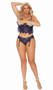 Eyelash lace cami top with strappy underwire demi cups, keyhole front, adjustable shoulder straps, zig zag hem, and hook and eye back closure. Matching panty with cheeky cut back and adjustable garters also included. Two piece set.