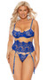 Embroidered lace and mesh bra with underwire cups, flower detail, adjustable shoulder straps and back hook and eye closure. Matching waist cincher with detachable and adjustable garters, and hook and eye back closure. Matching G-string with O ring detail also included. Three piece set.