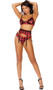 Buffalo plaid print bra with lace trim, monowire, adjustable shoulder straps and hook and eye back closure. Garter belt with adjustable garters and adjustable hook and eye back closure. Matching panty with cheeky back also included. Three piece set.