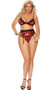 Buffalo plaid print bra with lace trim, monowire, adjustable shoulder straps and hook and eye back closure. Garter belt with adjustable garters and adjustable hook and eye back closure. Matching panty with cheeky back also included. Three piece set.
