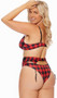 Buffalo plaid print bra with lace trim, monowire, adjustable shoulder straps and hook and eye back closure. Garter belt with adjustable garters and adjustable hook and eye back closure. Matching panty with cheeky back also included. Three piece set.