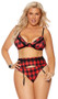 Buffalo plaid print bra with lace trim, monowire, adjustable shoulder straps and hook and eye back closure. Garter belt with adjustable garters and adjustable hook and eye back closure. Matching panty with cheeky back also included. Three piece set.