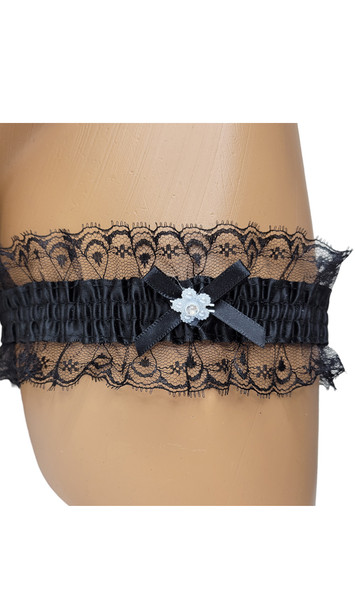 Stretch satin leg garter with lace trim, mini satin bow and faux jewel flower shaped accent.