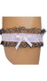 Stretch satin leg garter with lace trim, mini satin bow and faux jewel flower shaped accent.