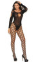 Long sleeve bodystocking with arm cut outs, opaque bodice, cargo net legs, keyhole front, wide neckline with scoop back, and open crotch.