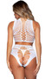 Sleeveless cami crop top with cut out design, high neckline and criss cross faux lace up back. Matching booty shorts with open criss cross back also included. Two piece set.