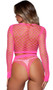 Long sleeve cami crop top with wide diamond net design, high neckline and solid trim. Matching high cut booty shorts also included. Two piece set.