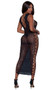 Sleeveless ankle length dress with fishnet heart scroll pattern, cut out sides with criss cross details, wide shoulder straps, U neck and criss cross back.