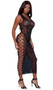Sleeveless ankle length dress with fishnet heart scroll pattern, cut out sides with criss cross details, wide shoulder straps, U neck and criss cross back.