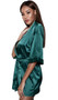 Satin short length robe with satin tie closure and three quarter sleeves.