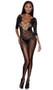 Floral and vine scroll fishnet bodystocking with three quarter sleeves, plunging neckline with strappy criss cross detail, scoop back, cut out legs with faux lace up detail, and open crotch.
