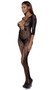 Floral and vine scroll fishnet bodystocking with three quarter sleeves, plunging neckline with strappy criss cross detail, scoop back, cut out legs with faux lace up detail, and open crotch.