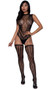 Sleeveless floral net teddy with high neckline, large keyhole back and thong cut. Matching thigh high striped stockings also included. Two piece set.