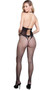 Sleeveless hexagon net bodystocking with halter style neck, and strappy criss cross detail over cut outs on front, legs and back, and open crotch. Neck does not tie, the head just goes through the opening.