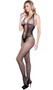 Sleeveless hexagon net bodystocking with halter style neck, and strappy criss cross detail over cut outs on front, legs and back, and open crotch. Neck does not tie, the head just goes through the opening.