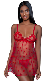Sheer mesh babydoll with flirty heart pattern, soft ruffle trim on cups, V neckline and adjustable shoulder straps. Matching G-string included. Two piece set.