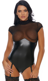 Faux leather teddy with sheer diamond net pattern top, mock neck, cap sleeves, zipper back and adjustable garters.