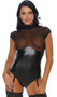 Faux leather teddy with sheer diamond net pattern top, mock neck, cap sleeves, zipper back and adjustable garters.