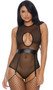 Sleeveless teddy with sheer diamond net pattern, high neckline, sexy front keyhole cut out, attached faux leather garter belt with adjustable garters, and zipper back.