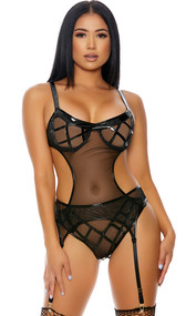 Sheer mesh teddy with lattice vinyl contrast, underwire cups, adjustable shoulder straps, cut out sides and back, and back closure. Matching garter belt with adjustable garters and back closure also included. Two piece set.