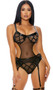 Sheer mesh teddy with lattice vinyl contrast, underwire cups, adjustable shoulder straps, cut out sides and back, and back closure. Matching garter belt with adjustable garters and back closure also included. Two piece set.