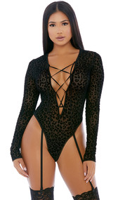 Long sleeve mesh teddy with velvety raised cheetah print, plunging neckline with lace up detail, scalloped trim, attached adjustable garters, high cut on the leg and cheeky cut back.
