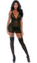 Sheer mesh chemise with velvety raised cheetah print, deep V plunging neckline and V back, adjustable shoulder straps, scalloped trim, and attached adjustable garters. Matching thong panty also included. Two piece set.