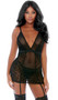 Sheer mesh chemise with velvety raised cheetah print, deep V plunging neckline and V back, adjustable shoulder straps, scalloped trim, and attached adjustable garters. Matching thong panty also included. Two piece set.