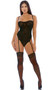 Sleeveless mesh teddy with velvety raised cheetah print, unlined underwire cups, adjustable shoulder straps, attached adjustable garters, high cut on the leg and cheeky cut back.