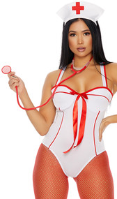 In Perfect Health nurse costume includes sleeveless bodysuit with contrast piping, wide shoulder straps and zipper back. Matching hat with cross patch and stethoscope also included. Three piece set.