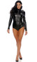 Textured long sleeve bodysuit with decorative zipper details, mock neck with snap closure, shoulder epaulettes with snap closure, and front zipper closure.