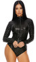 Textured hologram bodysuit with long sleeves, mock neck and front zipper closure.