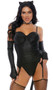 Sexy Black Cat costume includes sleeveless matte vinyl bustier with cone bra cups, adjustable shoulder straps, attached adjustable garters and back zipper closure. Matching panty with attached tail, cat ear headband and long opera length fingerless gloves also included. Four piece set.