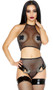 Sheer micro net crop top with high halter style neck with back tie closure. Matching sheer panty with cheeky cut back also included. Two piece set.